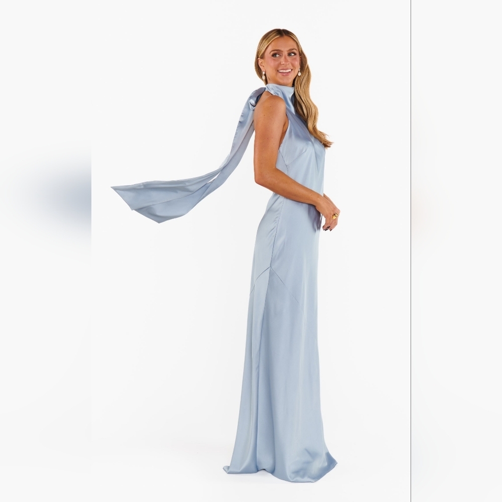 Show Me Your MuMu Lisa Maxi Steel Blue Luxe Satin Dress L Wedding Party Prom - Picture 7 of 13